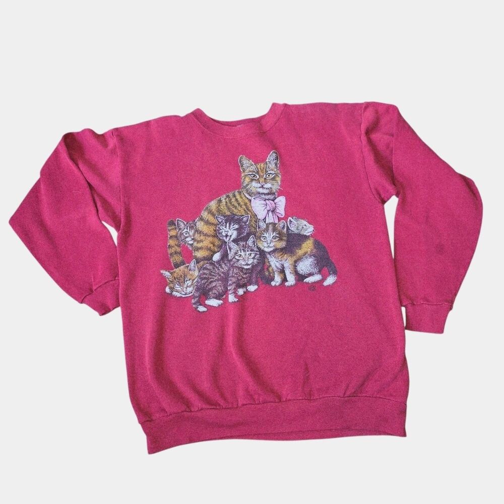 LSJ Sz L Vintage 1995 Maroon Mama Cat & Kittens Graphic L/S  Crewneck Sweatshirt